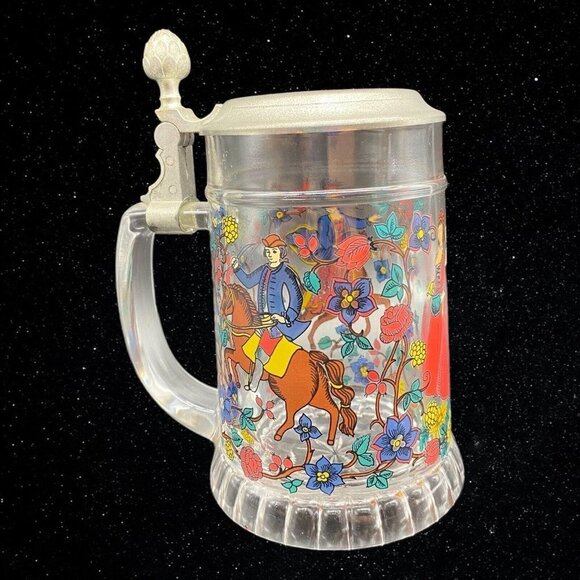 West Germany Rein Zinn BMF Pewter Lid Glass Beer Stein Medieval Scene 7”T 5”W - Picture 1 of 8